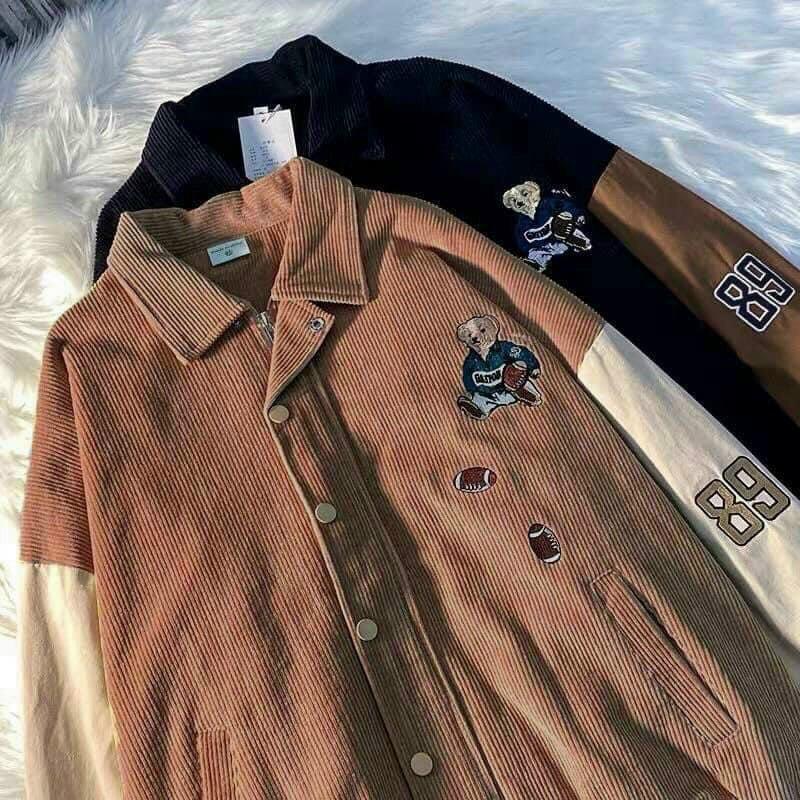 Áo khoác nhung bomber, áo bomber nhung gân maẫ thêu hình gấu, Áo Khoác Bomber Nhung 2 Lớp