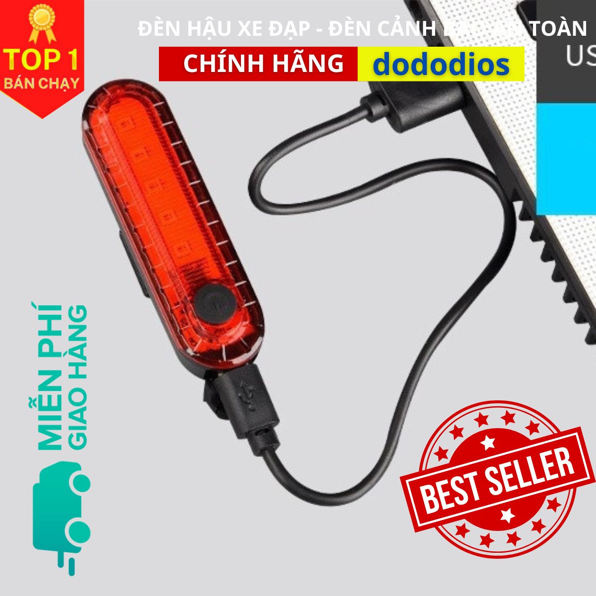 Đèn hậu xe đạp cảnh báo gắn đuôi xe thể thao pin sạc usb 5 bóng Led 7 chế độ nháy siêu sáng chống nước