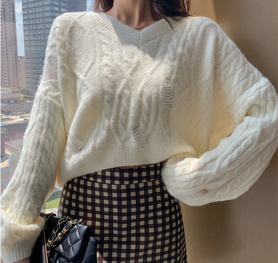 Áo len đuôi tôm xước cổ V dáng ngắn style Hàn Quốc len dệt kim hàng Quảng Châu