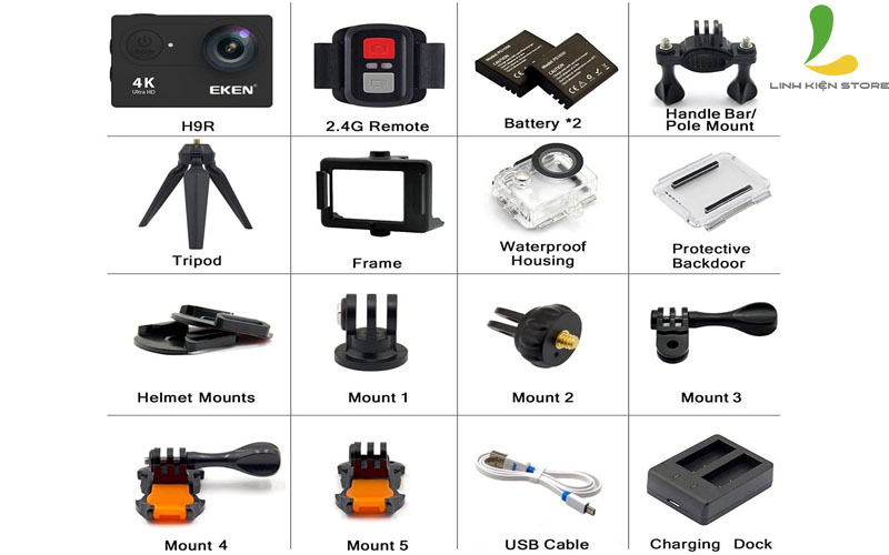 Combo máy ảnh hành trình Eken H9r Hộp Kính  phiên bản mới nhất - Camera hành động quay 4K cực chất hỗ trợ wifi kết nối trong phạm vi 10m - Hàng chính hãng