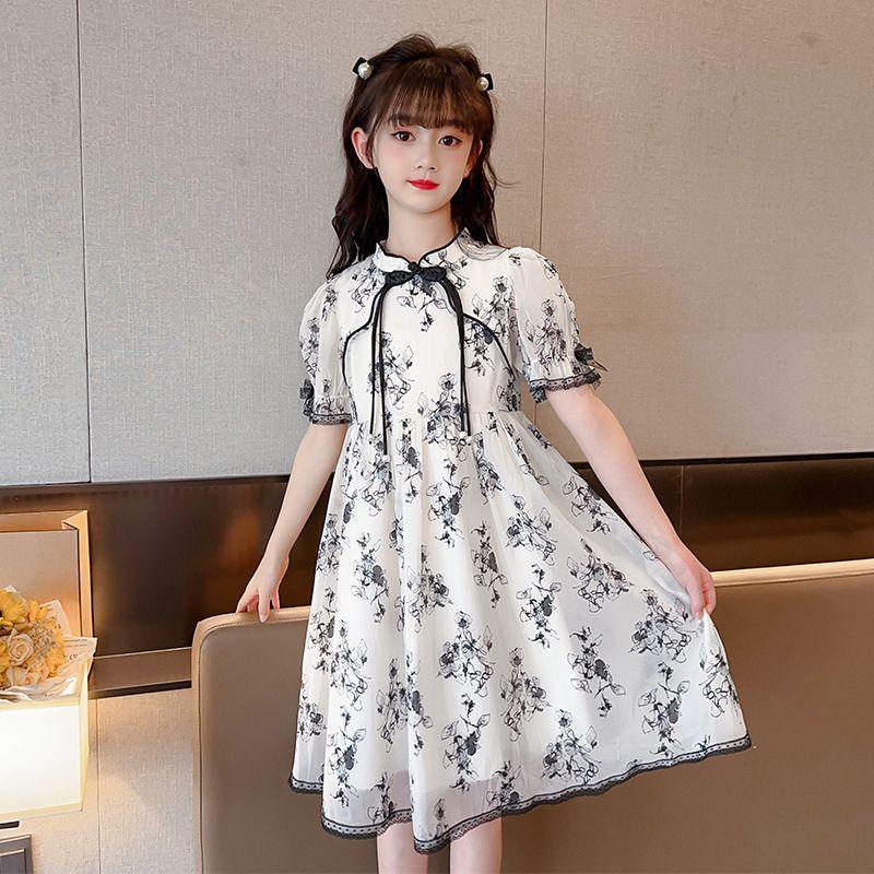 CHENGRUI Cô gái ăn mặc Midboy mùa hè 2023 mực vẽ sườn xám váy cô gái phong cách phương Tây cổ trang công chúa váy