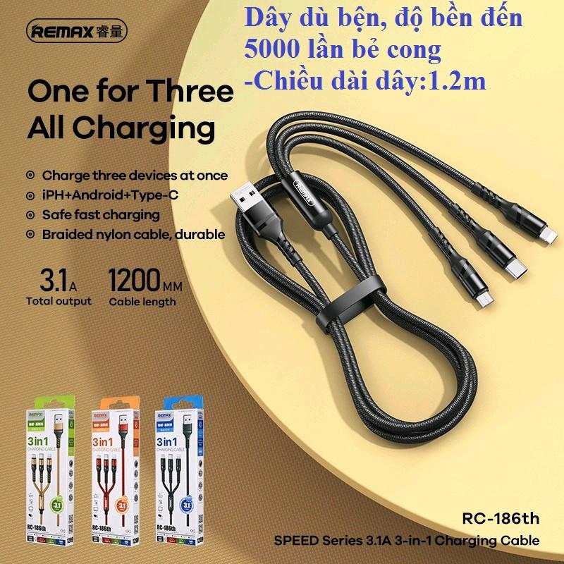 Cáp sạc đa năng 3 đầu M+C+ip Remax RC186th (1.2m) _ Hàng chính hãng