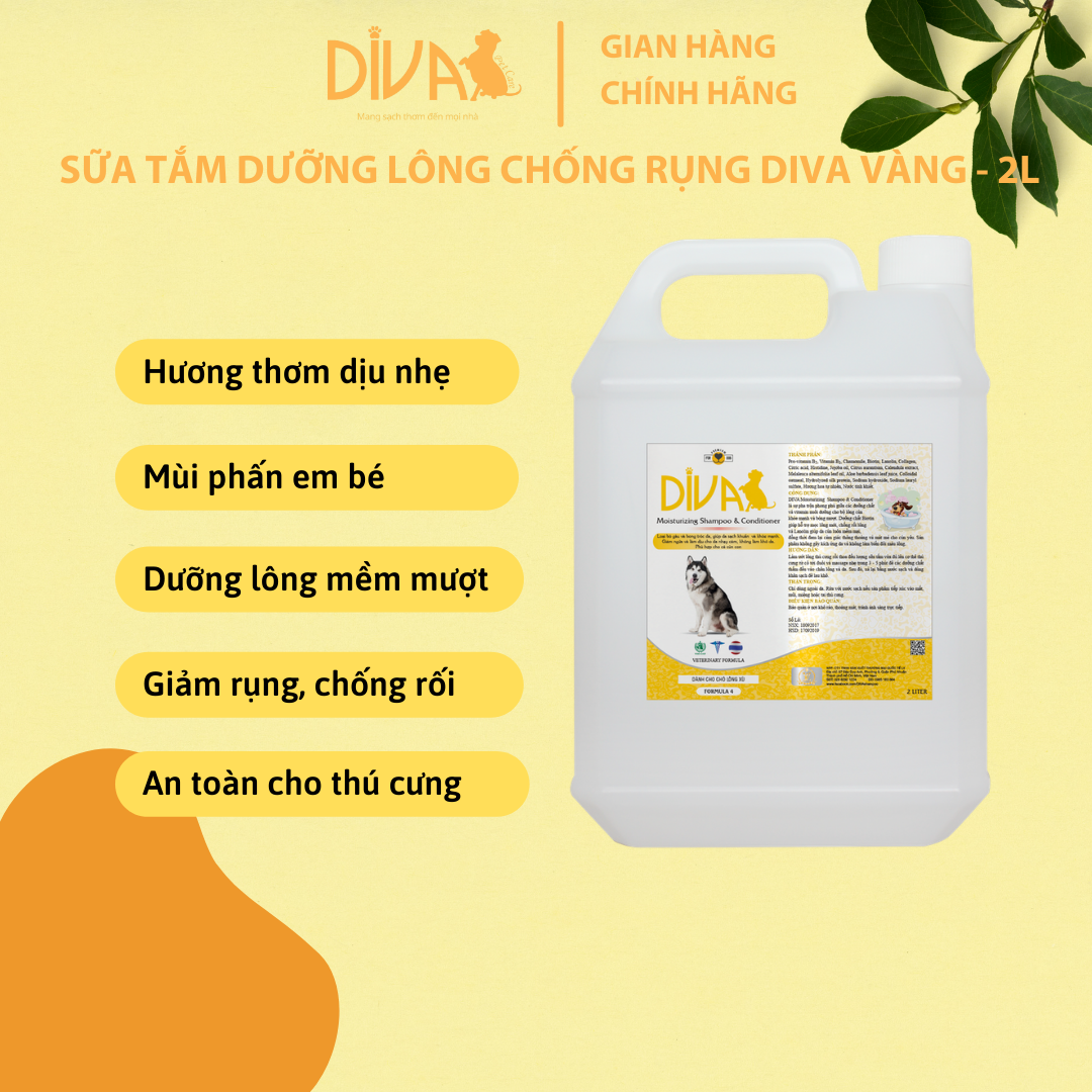 SỮA TẮM CHÓ DƯỠNG LÔNG GIẢM RỤNG DIVA VÀNG 2L