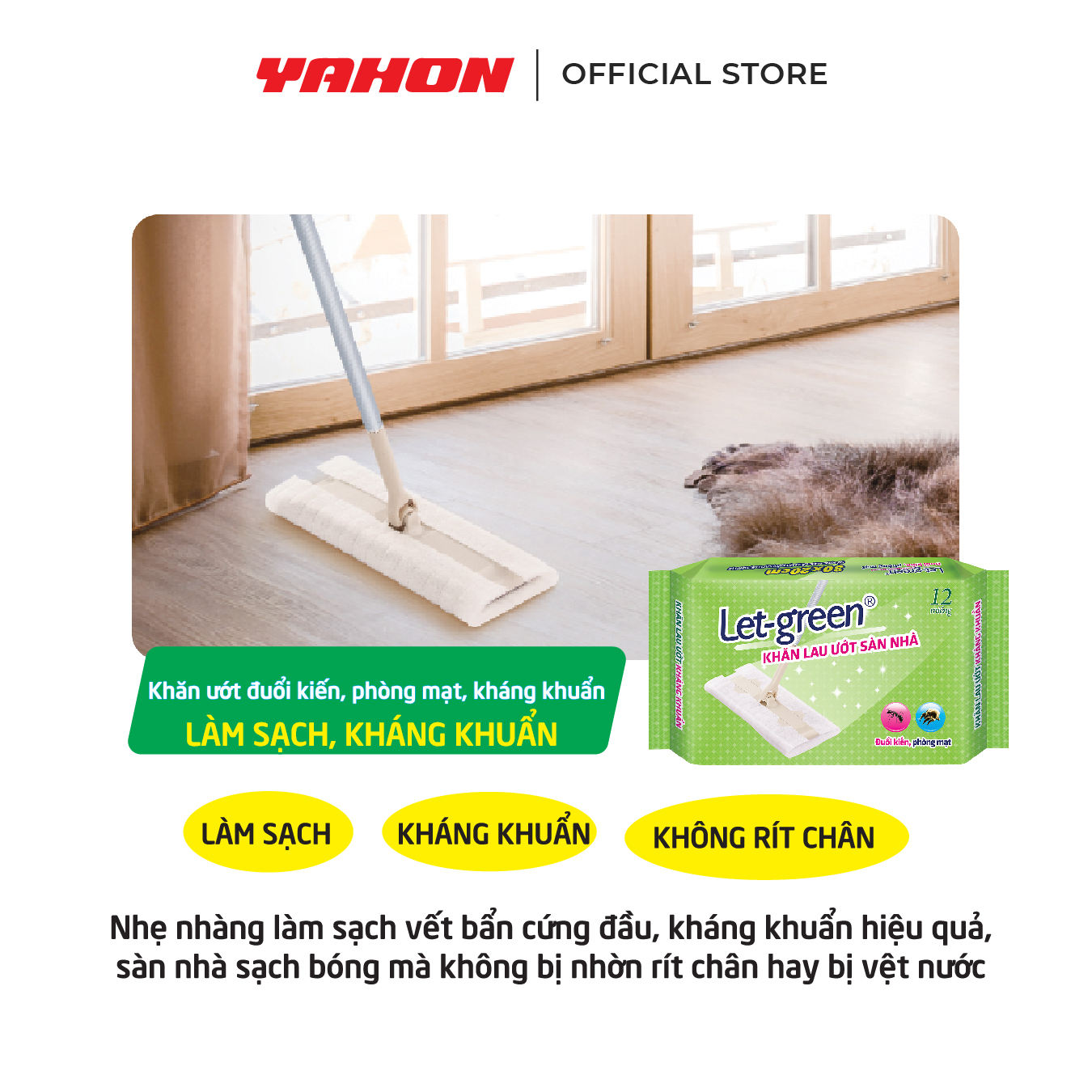 Khăn Giấy Ướt Lau Sàn Nhà LET-GREEN, Kháng khuẩn, Đuổi Kiến, Phòng Mạt, 12 Tờ/Bao