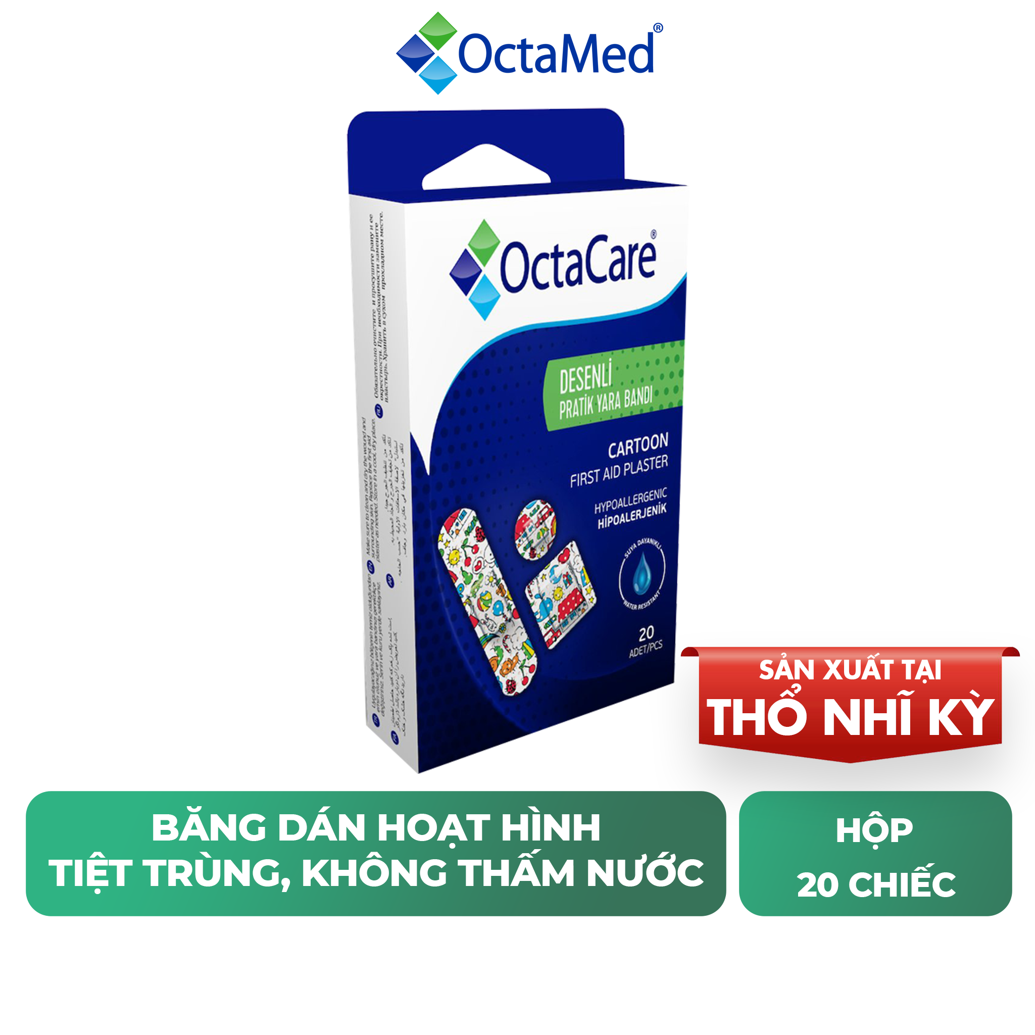 Băng dính sơ cứu hoạt hình dành cho trẻ em, tiệt trùng, bóc không đau, không thấm nước Octacare - Hộp 20 miếng nhiều hình dạng