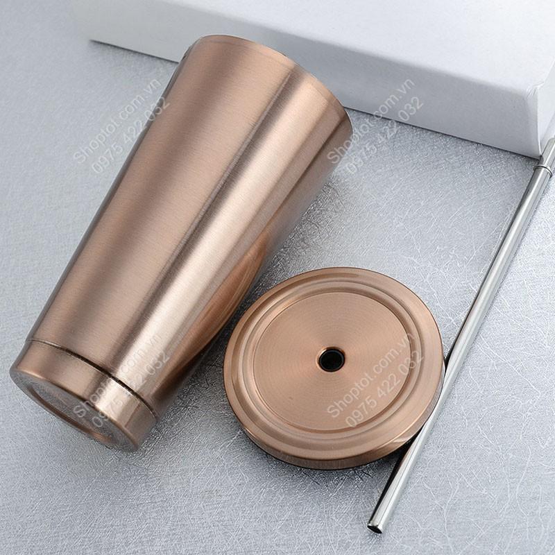CỐC 2 LỚP INOX 304 CR500, CHỐNG NÓNG, CÓ NẮP VÀ ỐNG HÚT, CỠ LỚN 500ML, DÙNG ĐƯỢC TRÊN XE HƠI