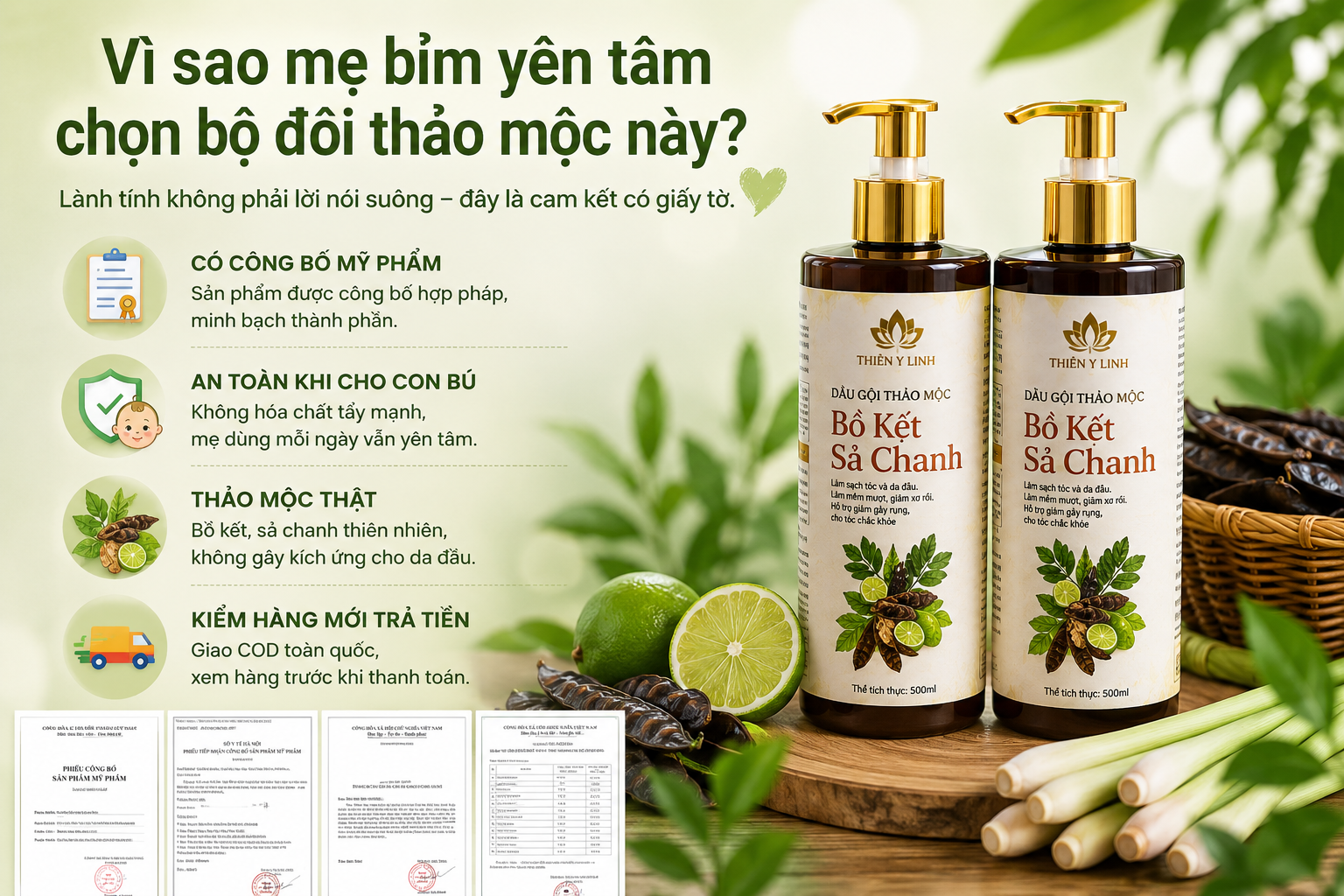 Combo Gội Xả Bồ Kết Sả Chanh thảo mộc giảm gãy rụng tóc sau sinh an toàn cho con bú