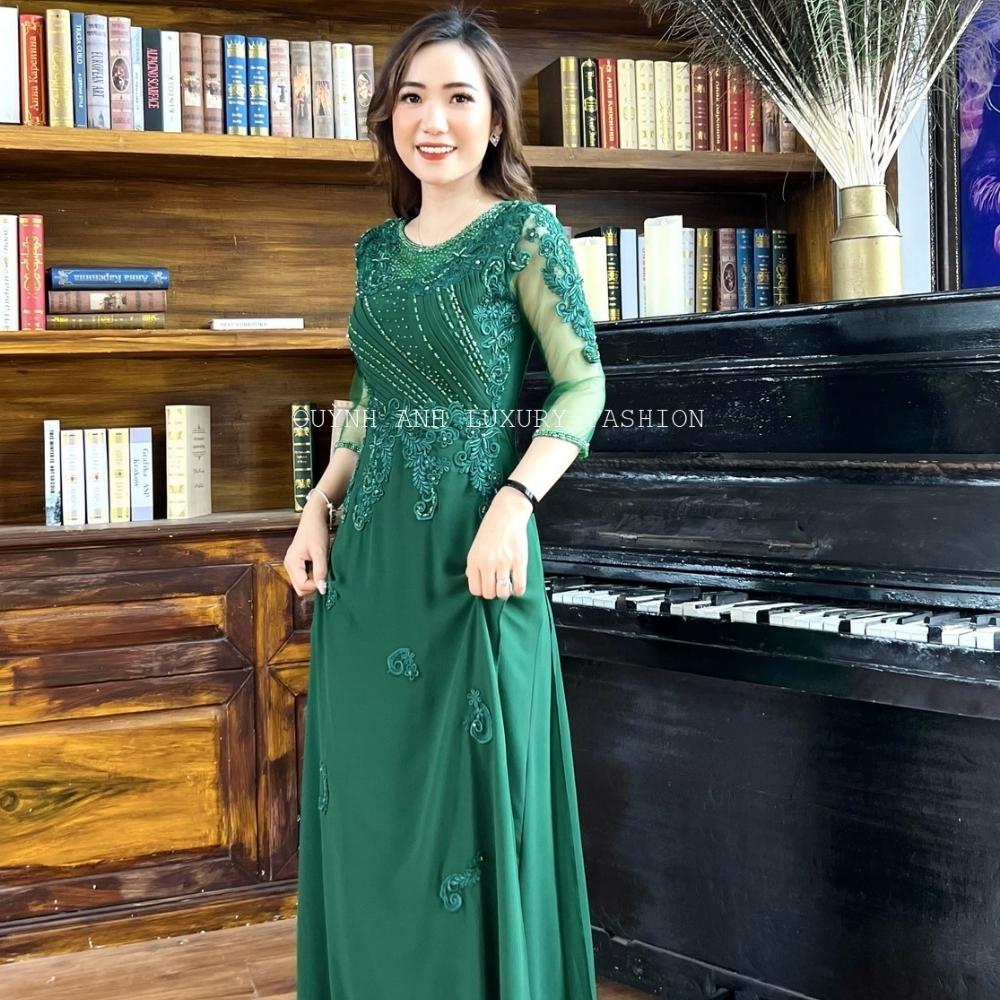 Váy Dạ Hội Áo Dài Xanh Rêu Trung Niên Sang Trọng Cao Cấp Florence Dress