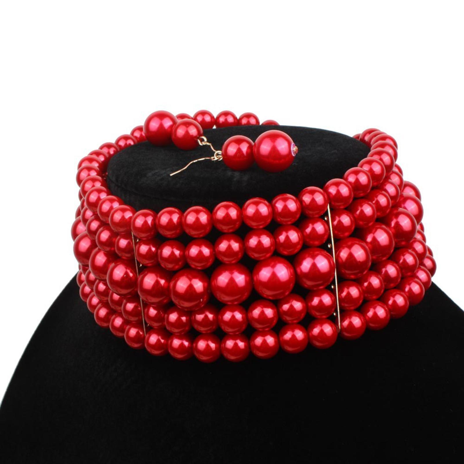 Fashion Pearl Choker Necklace and Earrings Set Round Imitation Pearl Multi Strands Costume Jewelry Set for Prom Bridal Gift Themed Party