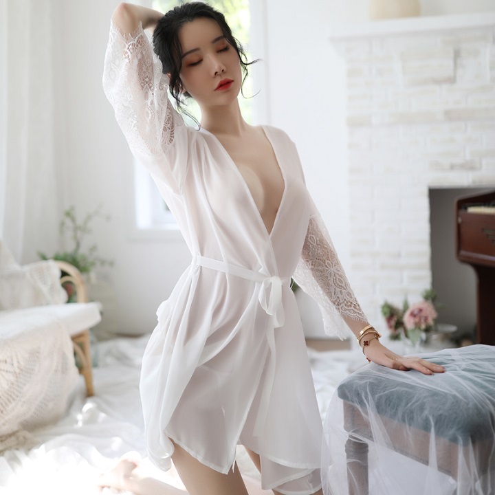 Áo choàng ngủ lụa sexy, kimono xuyên thấu tay dài ren hoa quyến rũ - ZVN5224