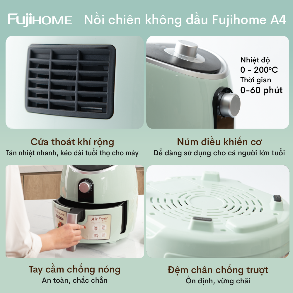 Nồi chiên không dầu cơ 5 Lít CN Nhật Bản Fujihome A4, Lòng nồi chống dính cao cấp, tự động ngắt nhiệt an toàn tiết kiệm điện - Hàng chính hãng