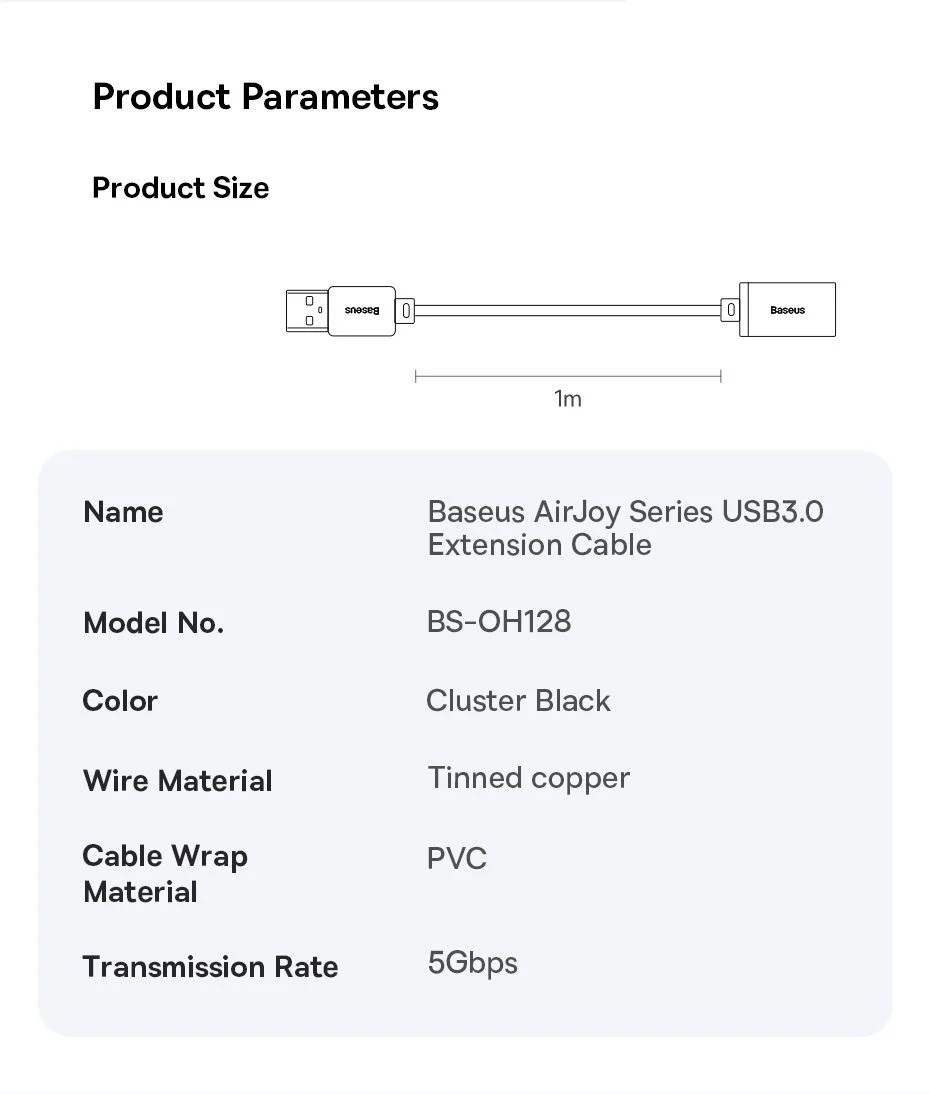 Dây cáp nối dài Usb 3.0 5Gbps nhựa PVC thân tròn to siêu bền Baseus Airjoy 0.5m - 5m _ Hàng chính hãng