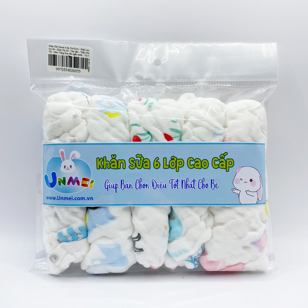 Khăn Sữa Cotton Unmei 6 Lớp Cho Bé, 30X30Cm, Khăn Vải Xô Dày Dặn, Thấm Hút Tốt, Màu Trắng Hoa Văn Ngẫu Nhiên - Túi 5 Cái