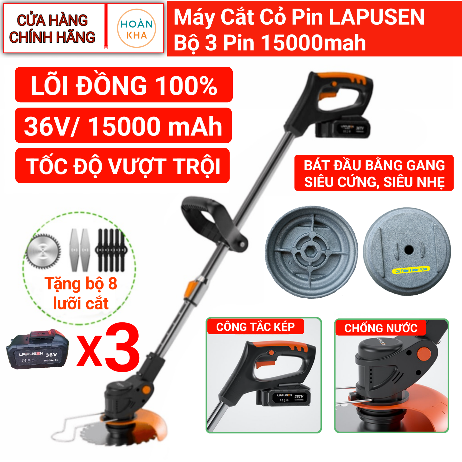 Máy cắt cỏ, tỉa cành cầm tay LAPUSEN pin khủng 15000mah, động cơ mạnh 1800w