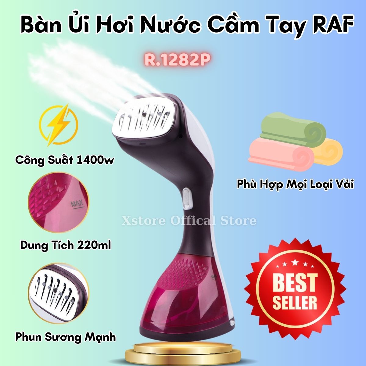 Bàn ủi hơi nước cầm tay RAF, Bàn là hơi nước cầm tay R.1282P chính hiệu công suất lớn 1400w, máy ủi hơi nước cầm tay nhỏ gọn là phẳng đồ nhanh, thuận tiện, dễ sử dụng