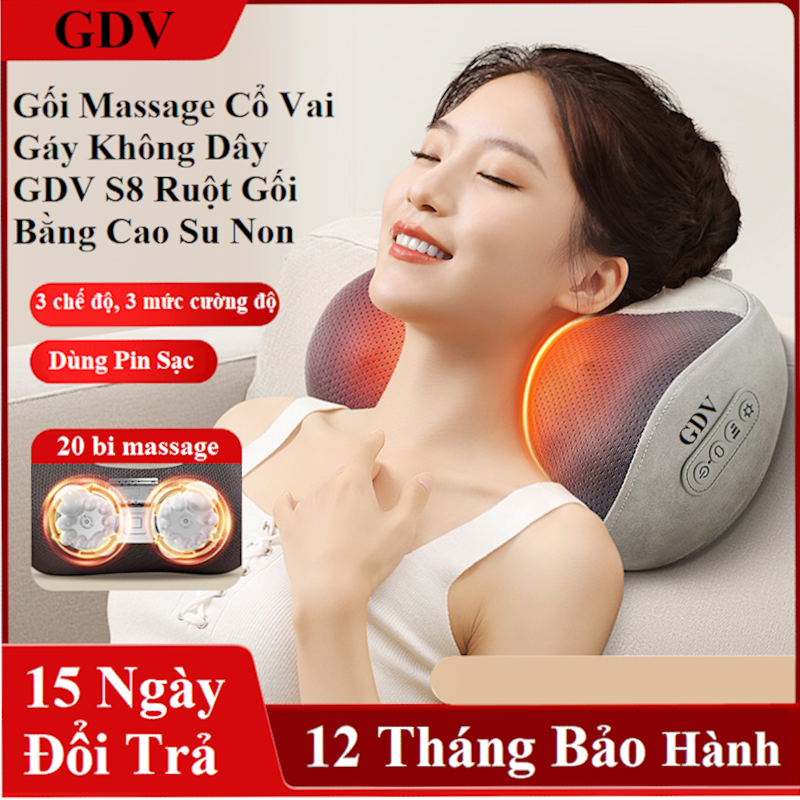 [Tặng củ sạc + cáp sạc] Gối Massage Cổ Vai Gáy Không Dây GDV S8 Ruột Gối Bằng Cao Su Non Loại 20 Bi Dùng Pin Sạc - Màu Ngẫu Nhiên - Hàng Chính Hãng