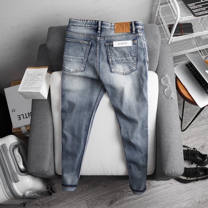 Quần jean nam rách gối hàng xuất xịn ôm dáng xanh rêu