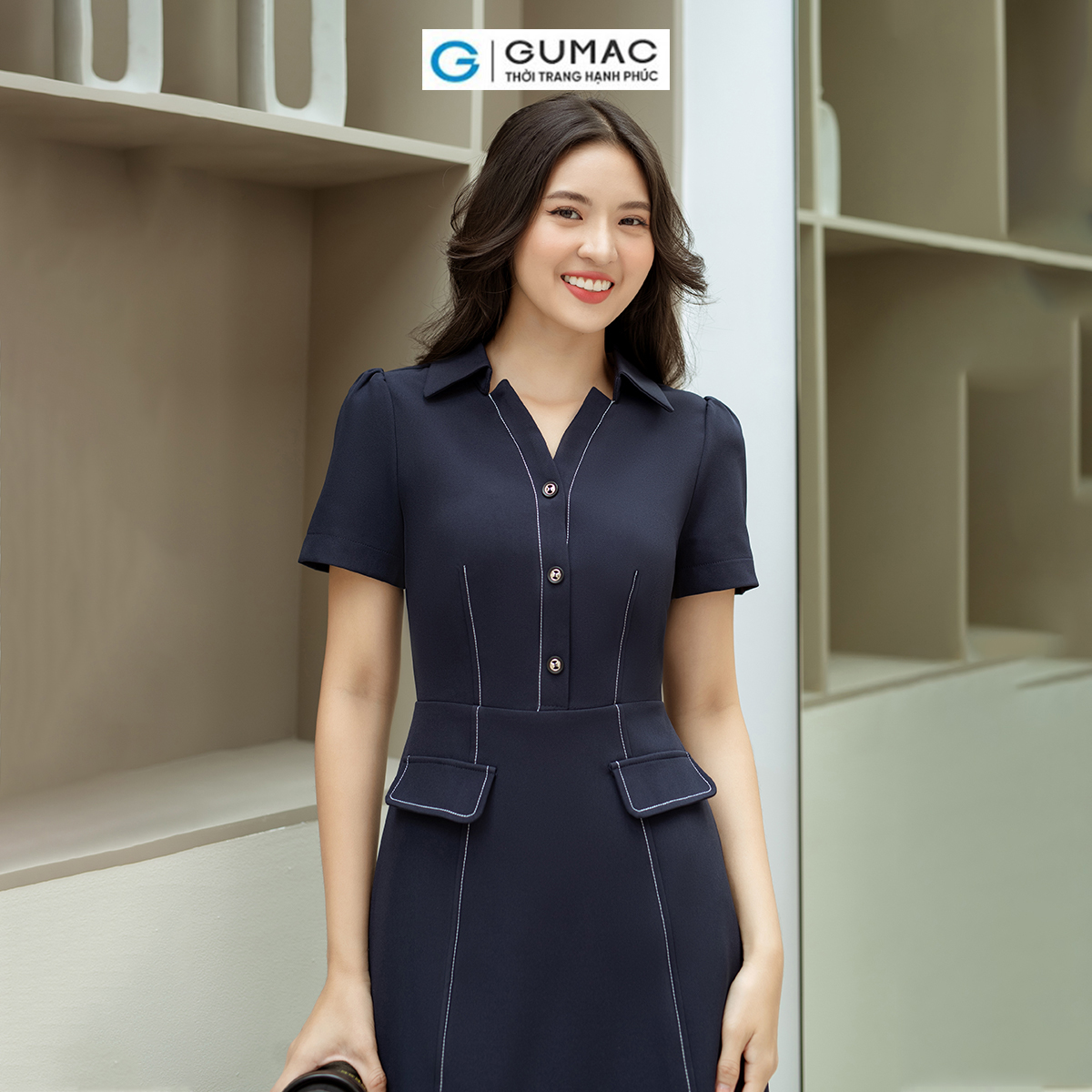 Đầm cổ đức chỉ viền GUMAC LDD0804