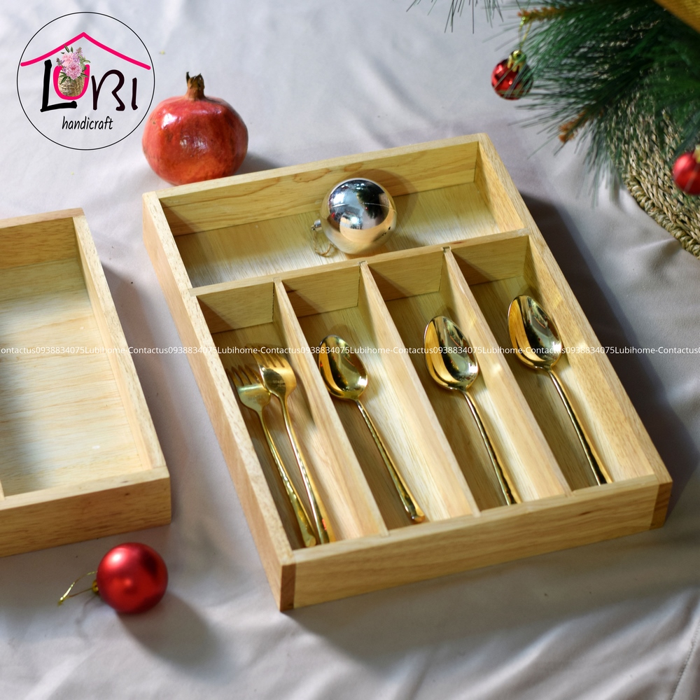 Lubihandicraft - Khay gỗ thông đựng muỗng nĩa 5 ngăn - cao cấp
