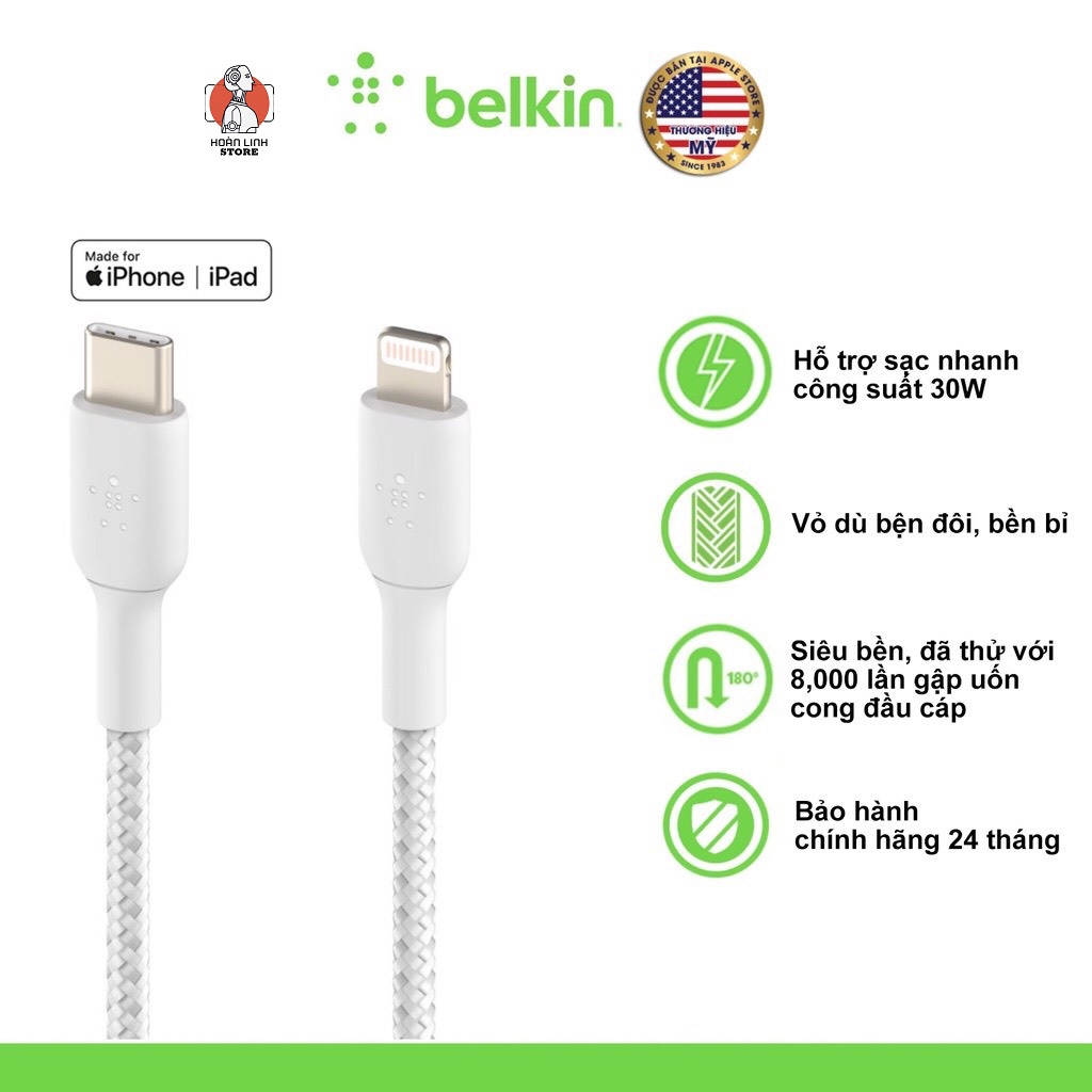 Cáp Sạc Nhanh Belkin USB-C to Light ning BOOST CHARGE vỏ dù cao cấp siêu bền, chứng chỉ MFi, sạc nhanh 30W, 1m &amp; 2m - CAA004BT