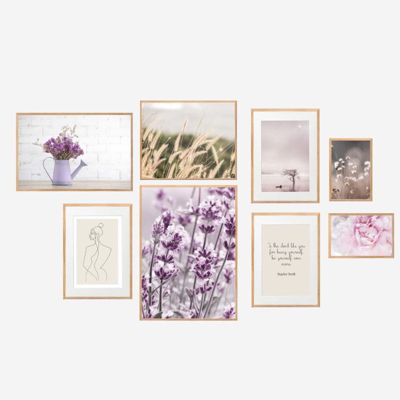Tranh trang trí khung kính gỗ sồi treo tường cao cấp"Purple Flowers"50x70cm