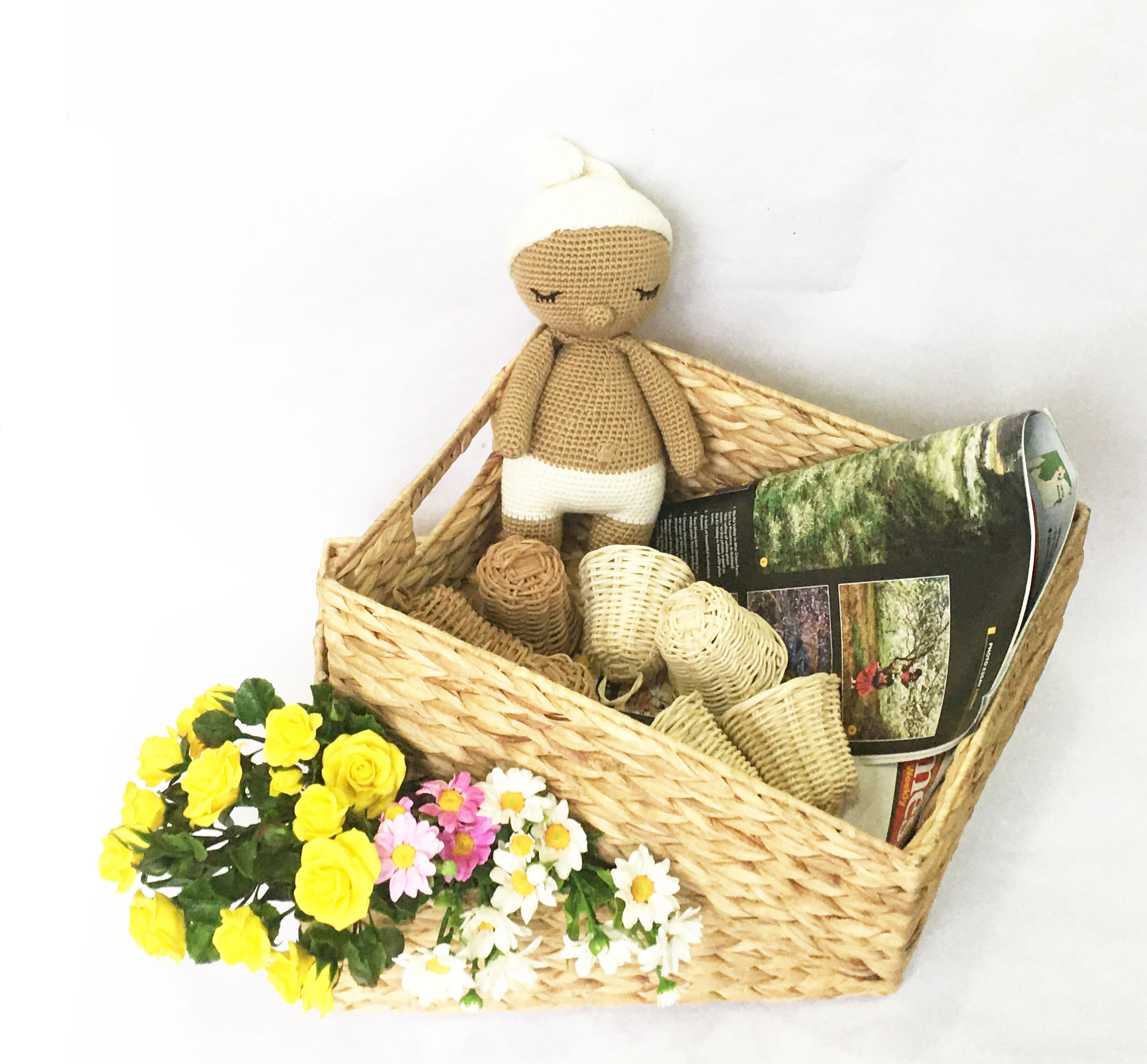 Sọt Giỏ Lục Bình chữ nhật đa năng - giỏ bèo tây khung sắt có tay cầm handmade vintage KT D36xR27xC14cm