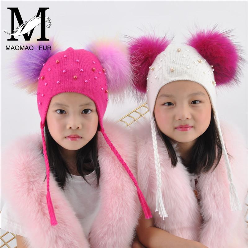 Trẻ Em Mùa Đông Ấm Áp Mũ Đôi Lông Pom Pom Beanie Len Dệt Kim Mũ Cho Bé Bé Trai Bé Gái Thật Gấu Trúc Lông Bóng bò Mũ Bonnet