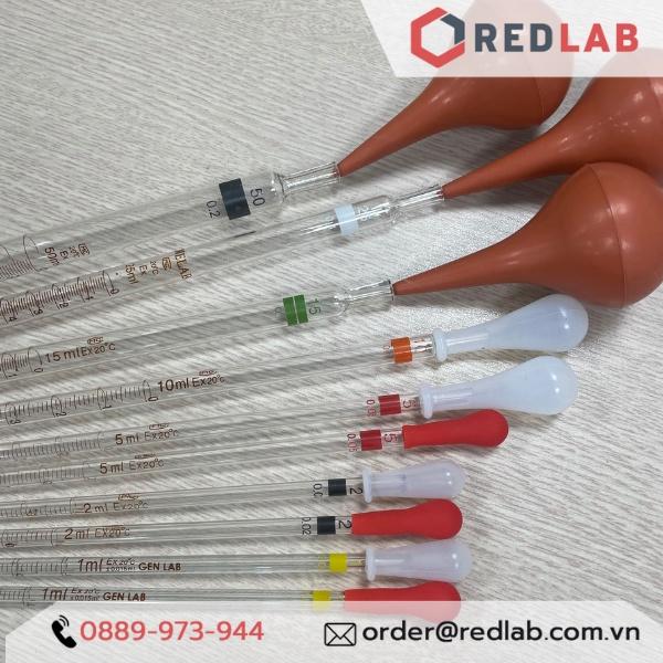 Combo pipet thủy tinh loại dài có chia vạch nhiều thể tích 1ml 2ml 5ml 10ml kèm quả bóp Silicon