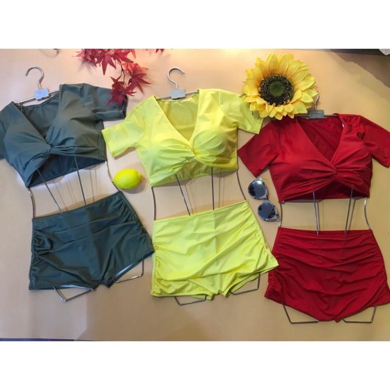 bikini hai mảnh áo croptop cộc tay sẵn mút nâng ngực quần đùi nhún che bụng