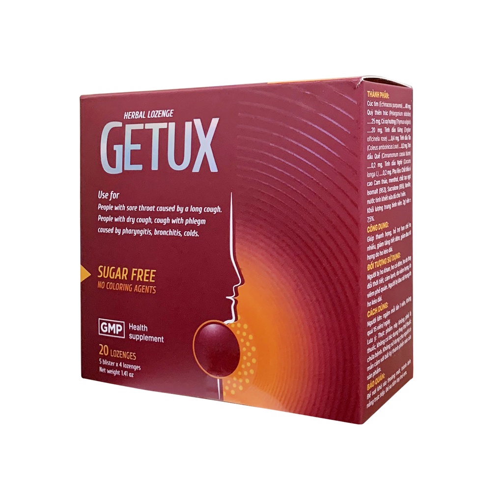 Viên Ngậm Thảo Mộc Giảm Ho Khan Đau Rát Họng GeTux - Hộp 20 Viên