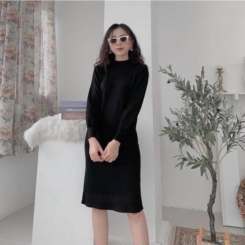 Váy dáng xuông tay bo chụ chất len tăm cổ cao đầm dài cổ tròn
