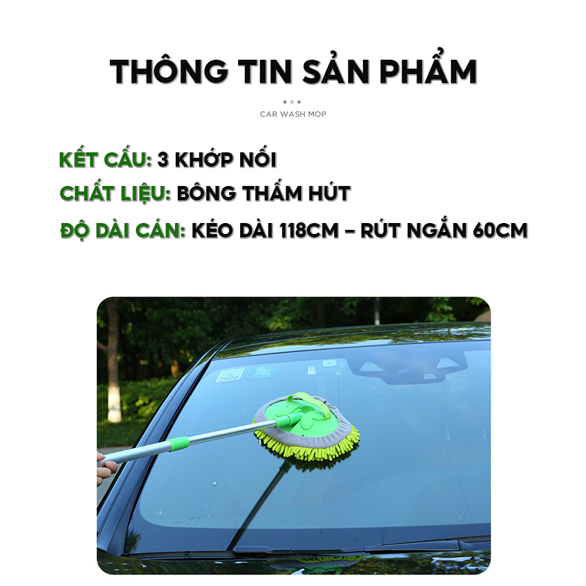 Chổi Rửa Xe Hơi Chổi Lau Xe Có Thanh Tay Cầm Kéo Rút 3 Cấp Độ Đầu Giẻ Lau Có Thể Tháo Rời Hoặc Gắn Liền QC-052