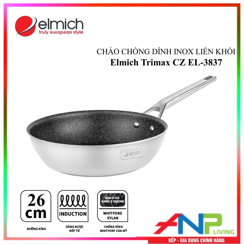 Chảo Vân Đá Chống Dính, Sâu Lòng 3 Lớp inox Liền Khối – ELMICH TRI-MAX CZ Size 20cmEL-3835, 24cmEL-3836, 26cmEL-3837, 28cmEL-3838 – Chiên, Xào, Rán Trên Mọi Loại Bếp – Hàng Chính Hãng – Size 26cm EL-3837