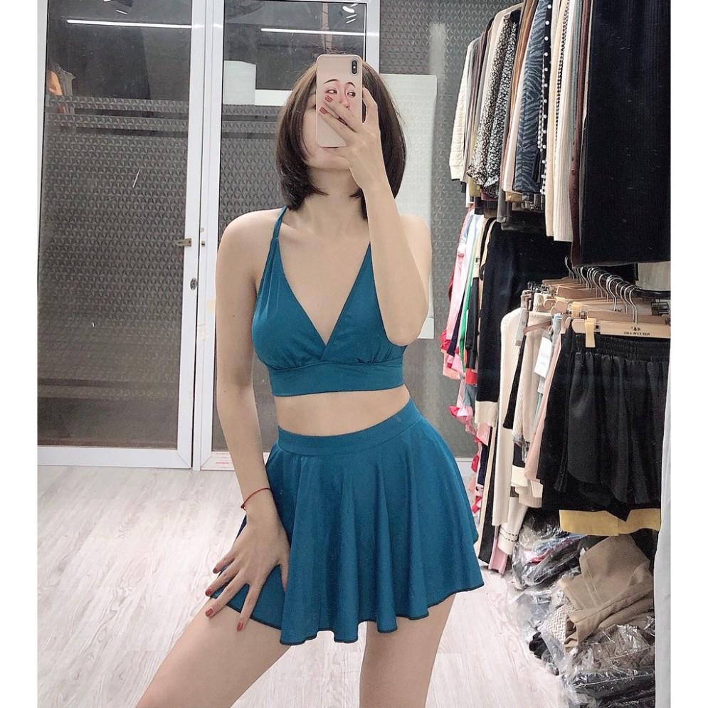 freeship Bikini 2 mảnh nữ xanh tím than dáng váy mặc đi biển đi bơi chất thun lạnh