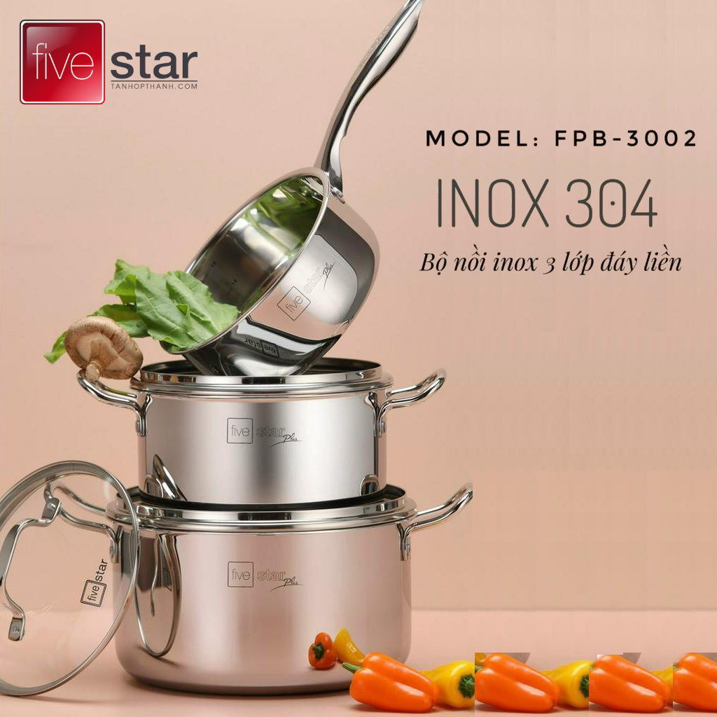 Bộ nồi inox 304 đúc liền khối Fivestar Plus FPB3002 gồm nồi 24cm, nồi 20cm và quánh 18cm