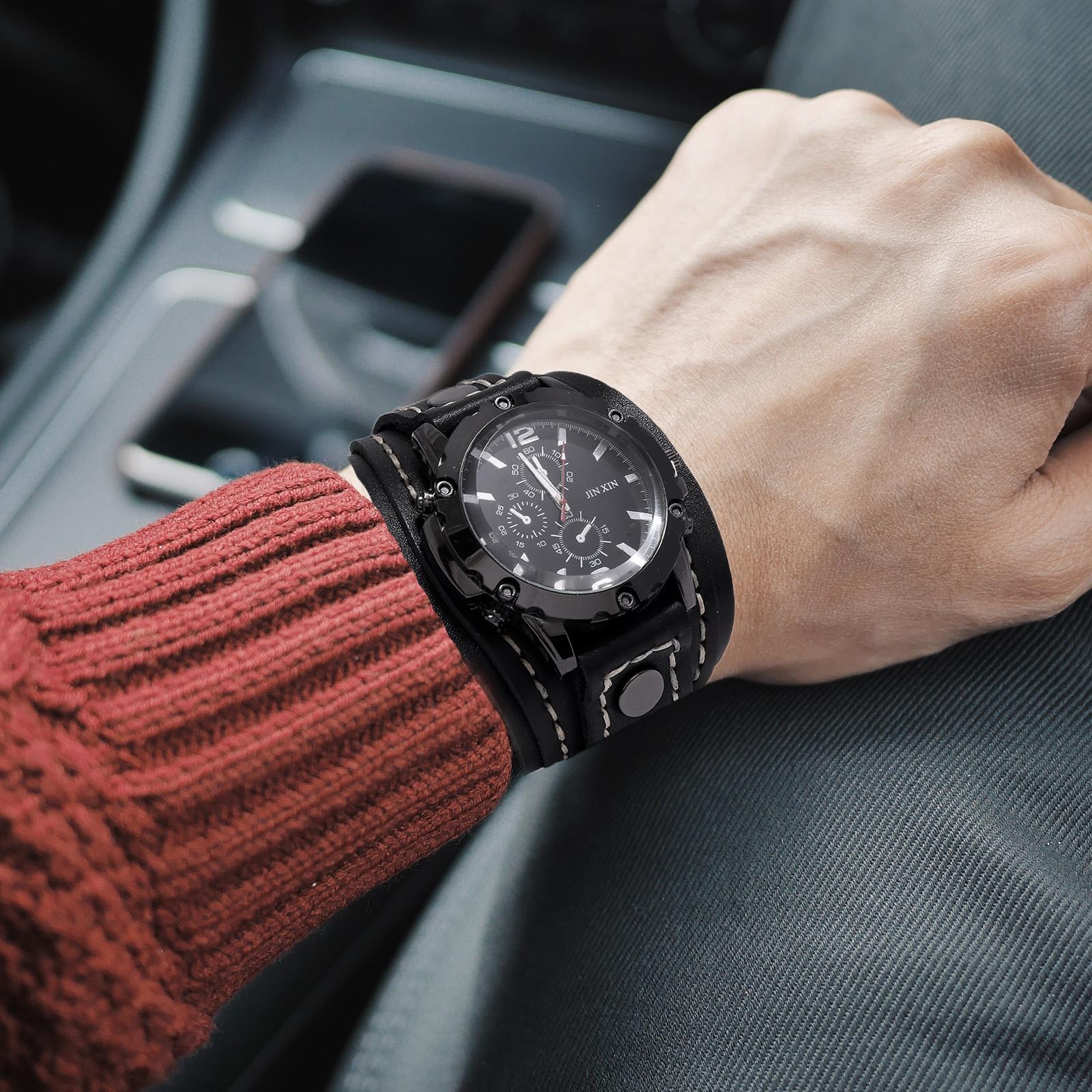 Yotijar Men Wrist Male Watch Bangles Comfortable Wide Leather Strap for