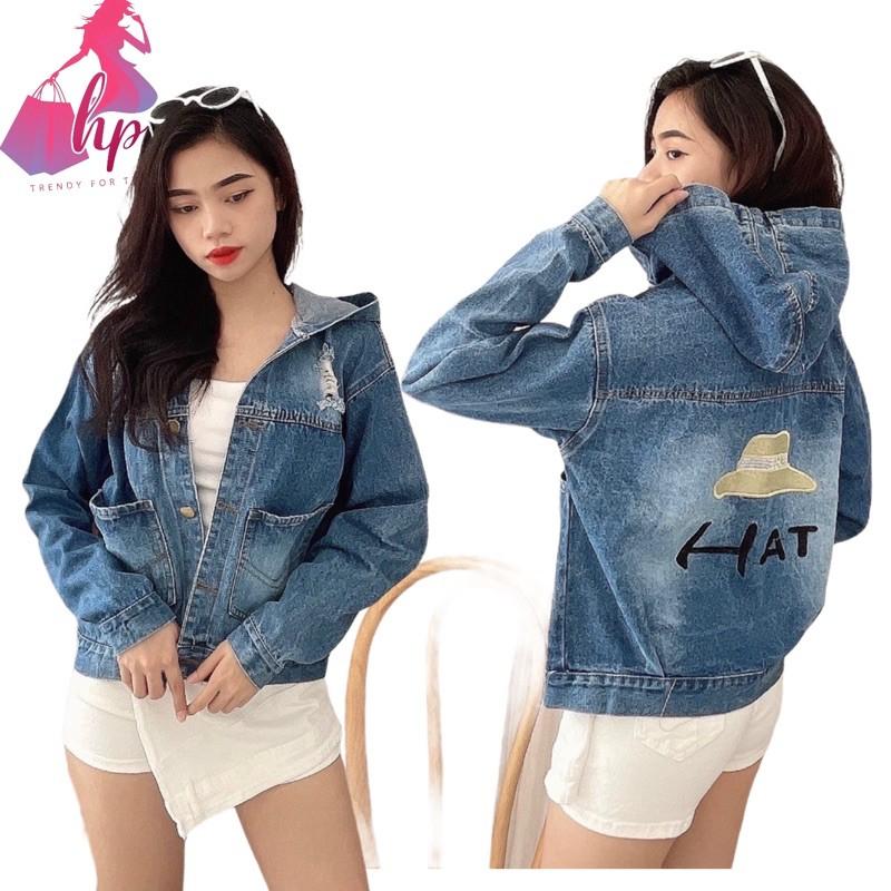 áo khoát jeans nữ có nón/ mũ cao cấp thêu hoạ tiết thời trang 2021