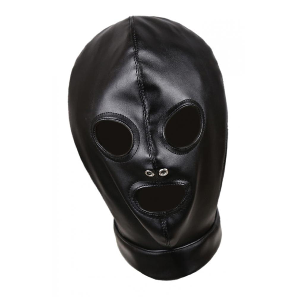 Unisex Adult Black Faux Leather Hood Mask Lace Up Full Head Face Cover Toys