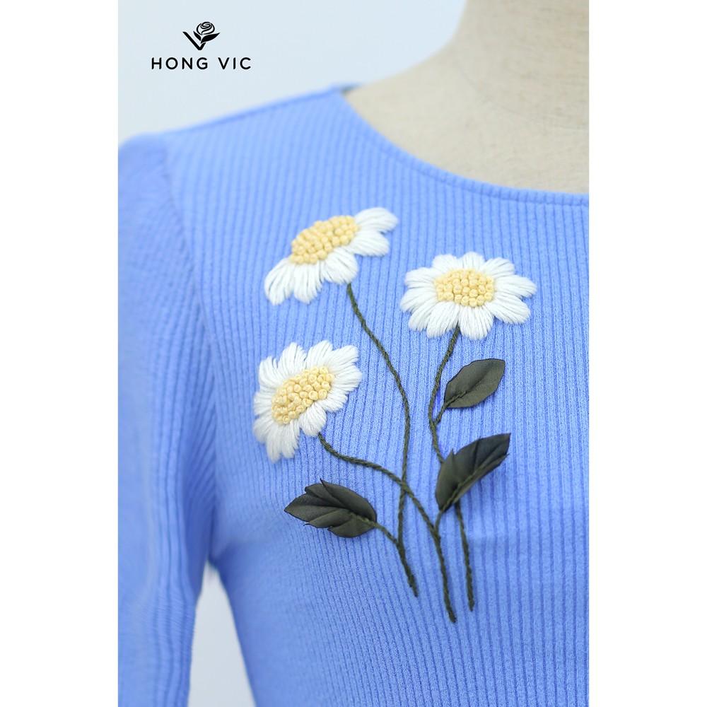 Áo kiểu nữ thiết kế Hongvic len xanh thêu hoa SM183