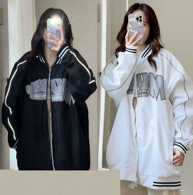Áo khoác nữ chất dù 2 lớp in chữ phối sọc tay