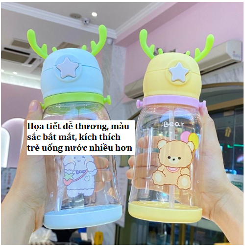 Bình nước ống hút trẻ em 600ml, bình cho bé hình sừng hươu dễ thương kèm ống hút , có DÂY ĐEO BB62-BinhHuou