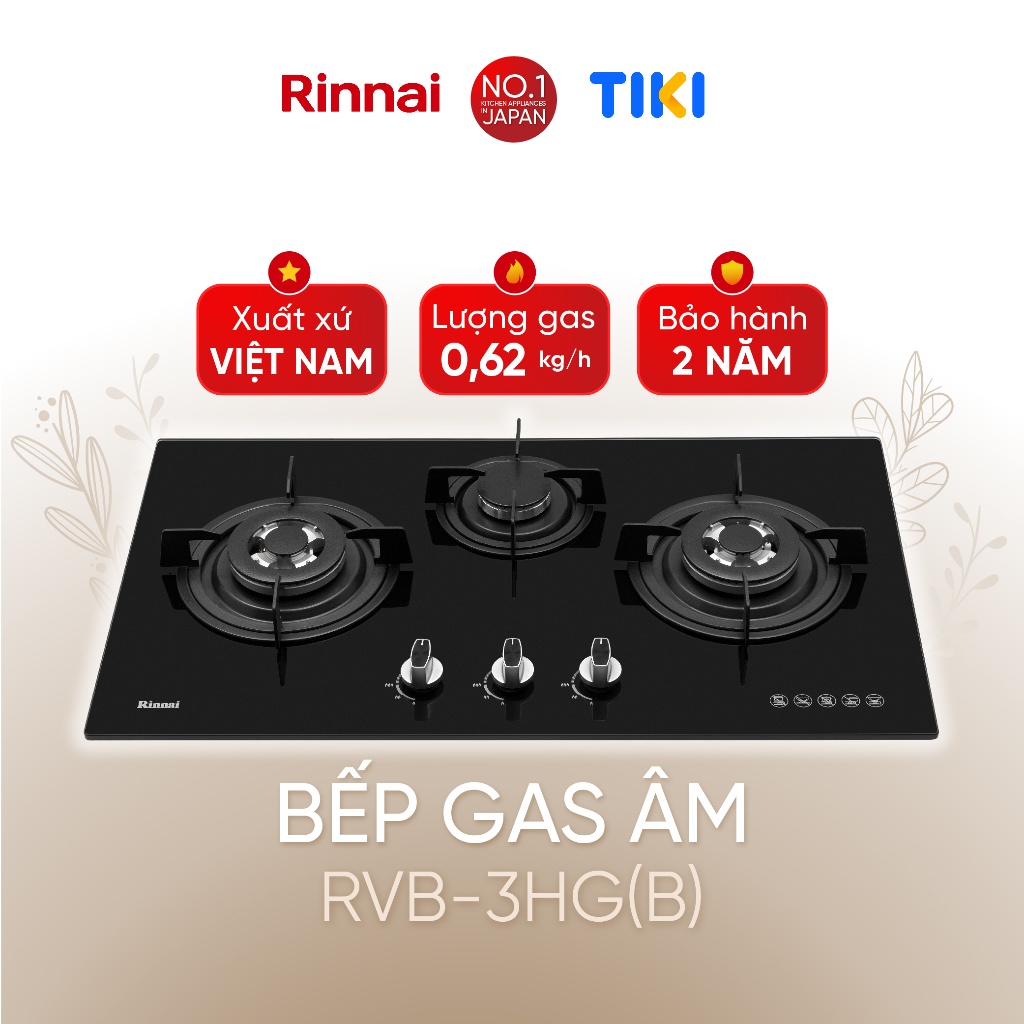 Bếp gas âm Rinnai RVB-3HG(B) mặt bếp kính kiềng bếp thép phủ gang - Hàng chính hãng.