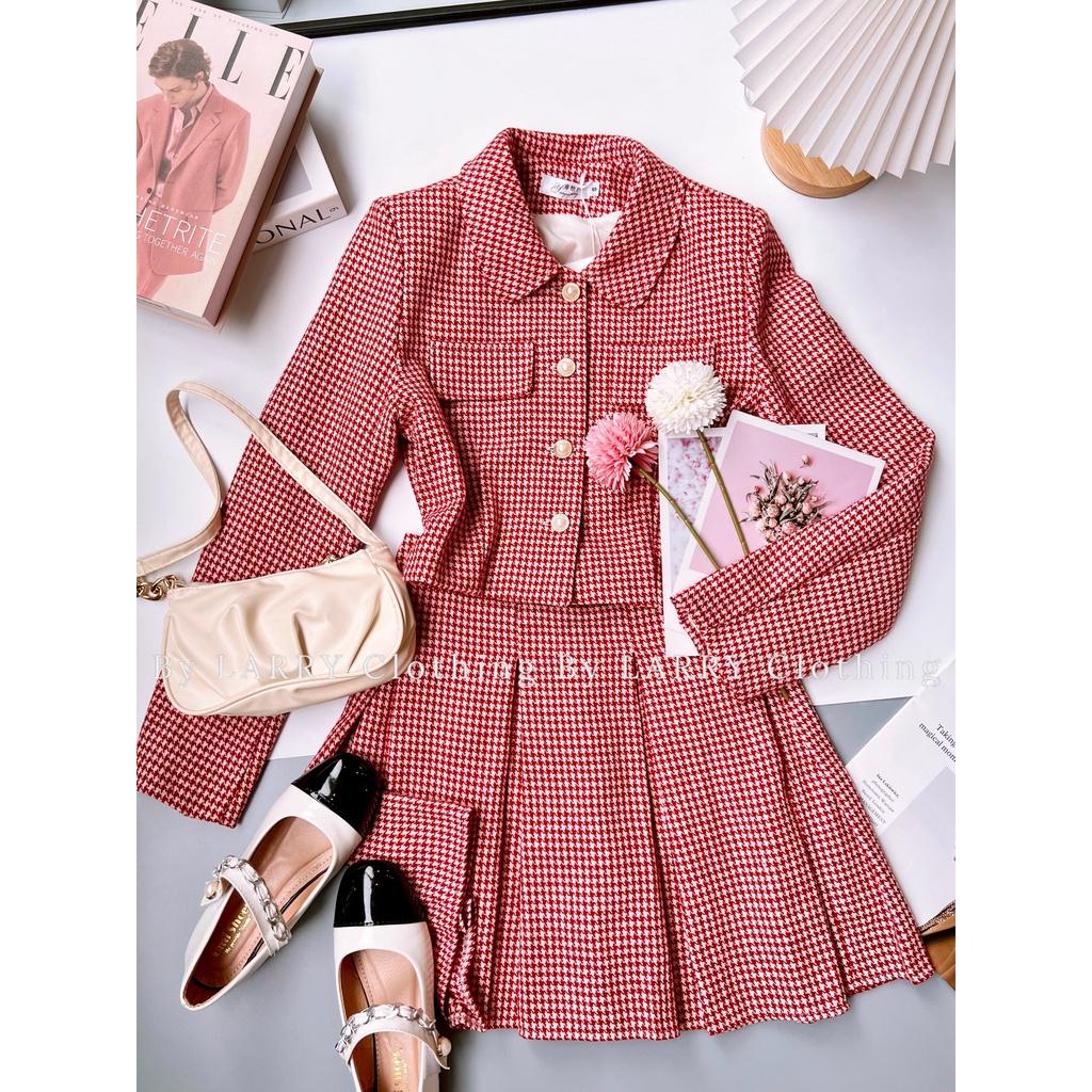 Set S376 Áo Khoác Dạ Tweed Đính Cúc Ngọc Chân Váy Ngắn Xếp Ly Larry Clothing