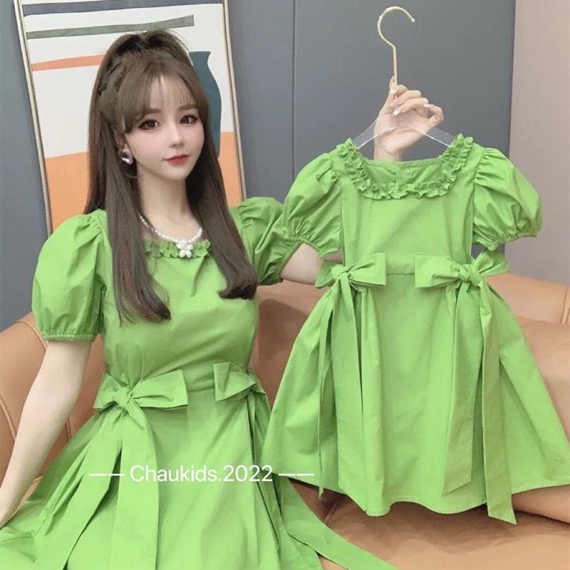 Váy xanh lá nơ buộc eo cổ bèo cho bé gái