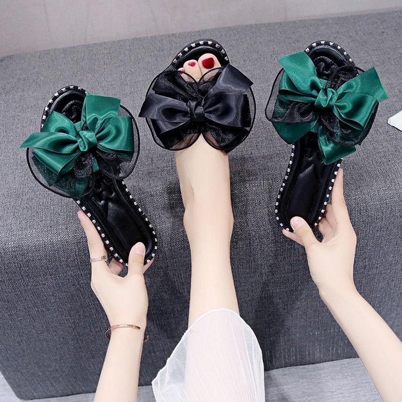 Slippers women wear 2022 summer new Korean version of students' bow tie one-word slippers flat-soled sandals
