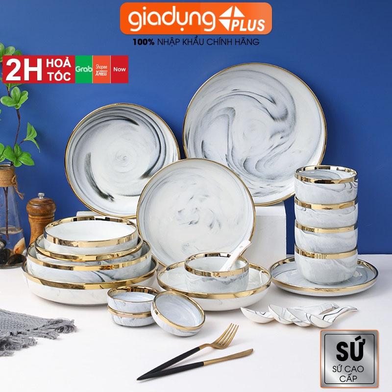 Set đồ ăn gồm chén, bát, tô, đĩa, muỗng bằng sứ vân đá (trắng, hồng) cao cấp theo phong cách Bắc Âu - Kèm hộp quà