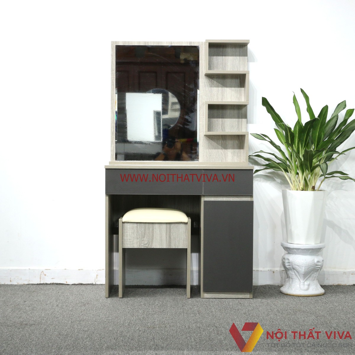 Bàn Trang Điểm Gỗ MDF Melamine 2 Ngăn Kéo Màu Xám Vân Gỗ Cửa Đen Mờ Đẹp