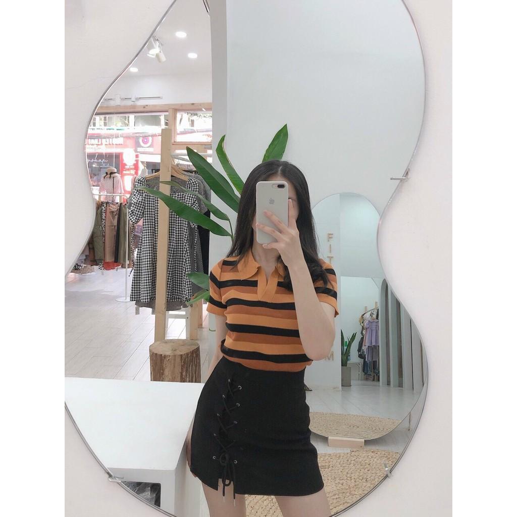 ÁO KIỂU SƠ MI SỌC NGANG TAY NGẮN FORM ÔM