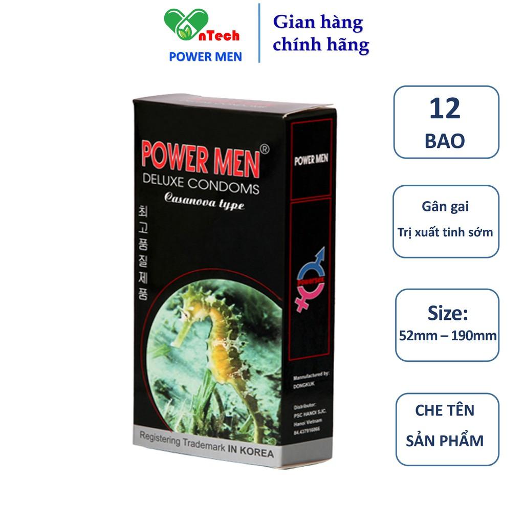 Bao cao su Powermen siêu mỏng gân gai nổi chứa 5% Benzocain kéo dài thời gian Cá Ngựa Đen hộp 12 chiếc