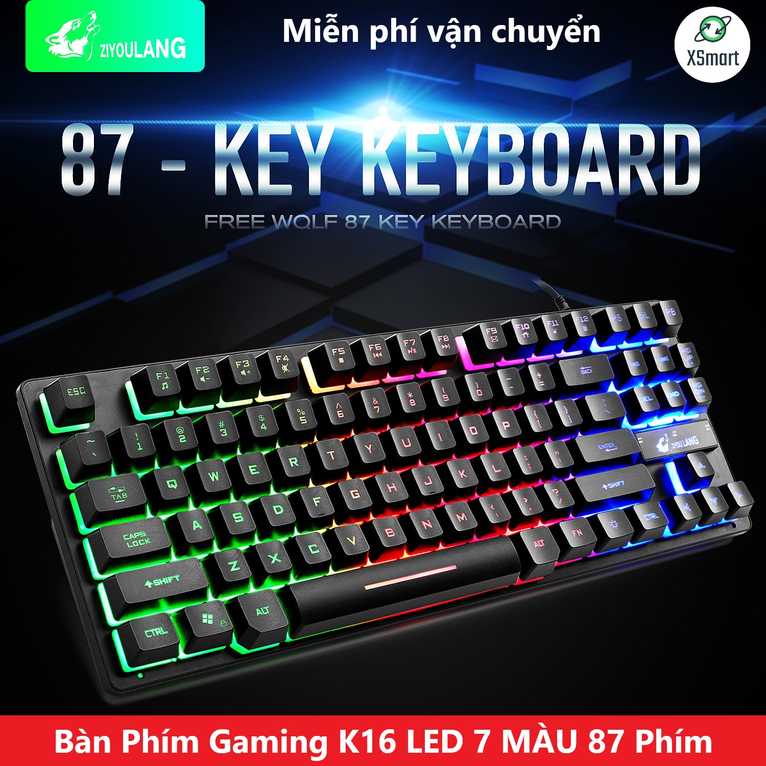 Bàn Phím Gaming Máy Tính XSmart Free Wolf K16 LED 7 Màu, Giả Cơ Cao Cấp Chơi Game Cho PC, Laptop - Hàng Chính hãng